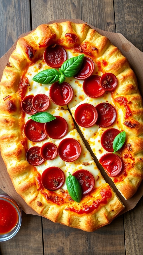 Garlic French Bread Pepperoni Pizza with melted cheese and pepperoni, garnished with basil, on a wooden table.